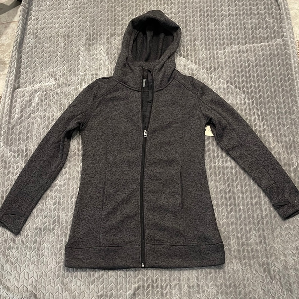 NWT St. John’s Bay Long Gray Hooded Jacket thumb holes fleece sz Large